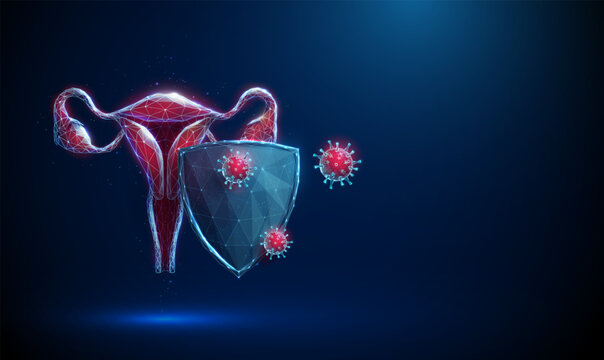 3D blue uterus and shield with red viruses. Gynecology, infection, immunity, women health, protection, prevention, antibody, bacteria, barrier, safety, defense concept