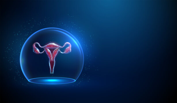 3D blue uterus inside glass dome. Reproductive health, gynecology, fertility, women wellness, prenatal care, hormonal balance, anatomy, organ, protection concept