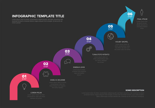 Professional 6 step infographic template featuring a colorful rising arrow process. This modern infographic template shows a clear growth process and success layout for business.