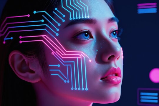 Young woman face with glowing neon circuit lines and glitter. Futuristic beauty concept shows advanced tech and cyber skin enhancement. Digital face art glows.