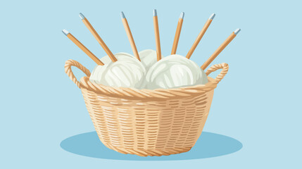 Fototapeta premium Basket of white yarn balls with pencils fanned out against a pale blue backdrop