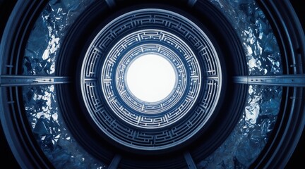 Fototapeta premium Circular tunnel with maze pattern and bright light. Metallic icy textures create futuristic sci fi atmosphere. Deep perspective draws eye inward.
