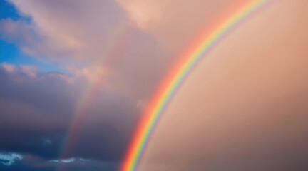 Obraz premium Bright rainbow curves across a cloudy sky, with sunlight breaking through the overcast clouds. The colourful spectrum arcs over a dramatic sky, suggesting hope after a storm.