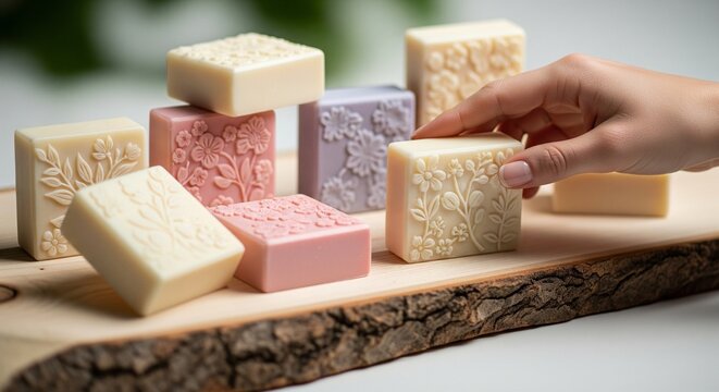 A collection of colorful, patterned artisan soap bars stacked on a rustic wood slice. A woman's hand reaches out to touch one of the square soaps