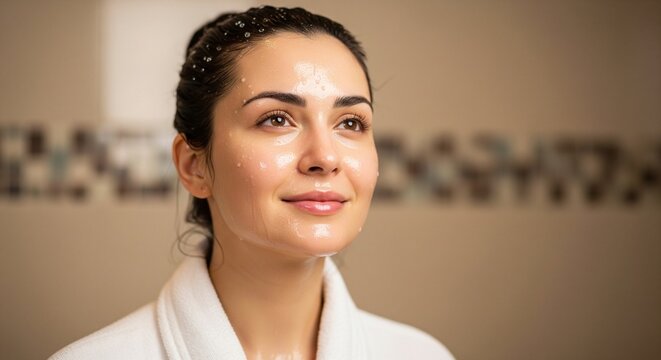 A portrait of a smiling young woman with wet or oiled hair looking slightly away from the camera. She has smooth, glowing skin, wears a white bathrobe, and has a soft, happy expression