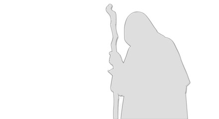 A mystical figure holding a staff stands alone in a serene landscape. © Siddik