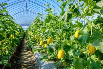Ripe yellow melons hanging on green vines inside a modern greenhouse farm under bright sunlight, showcasing sustainable agriculture and fresh organic produce cultivation.