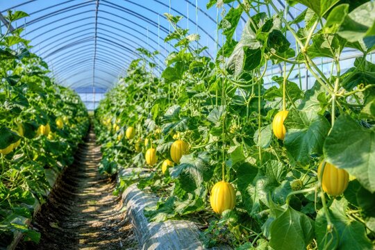 Ripe yellow melons hanging on green vines inside a modern greenhouse farm under bright sunlight, showcasing sustainable agriculture and fresh organic produce cultivation.
