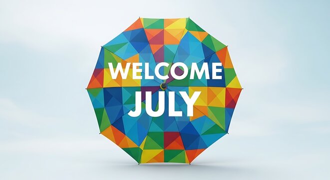 Colorful July welcome message in rainbow gradient cube.