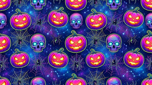 Seamless Halloween pattern with glowing pumpkins and skulls illustration
