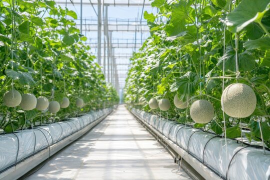 Cantaloupe melons growing on vertical vines in modern hydroponic greenhouse, sustainable smart agriculture technology.