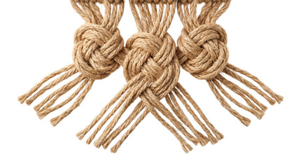 Three jute rope knots with fringe tassels on white © Aayush