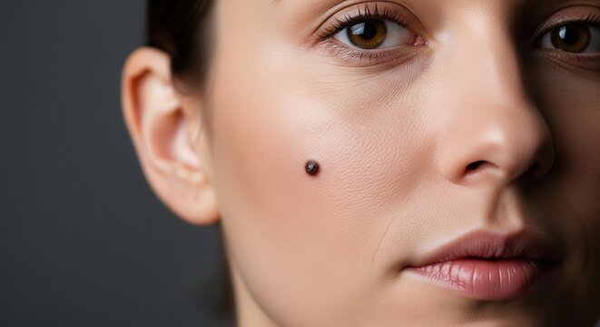 A macro extreme close-up view of a woman's cheek showing a dark brown mole or birthmark near her nose and eye