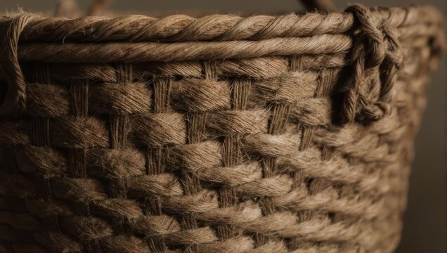 Close-up of a woven basket made from natural fibers, showing intricate texture and rope handle