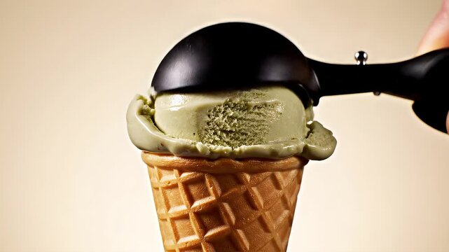 Close Up Pistachio Ice Cream Ball Placed on Golden Waffle Cone 4K