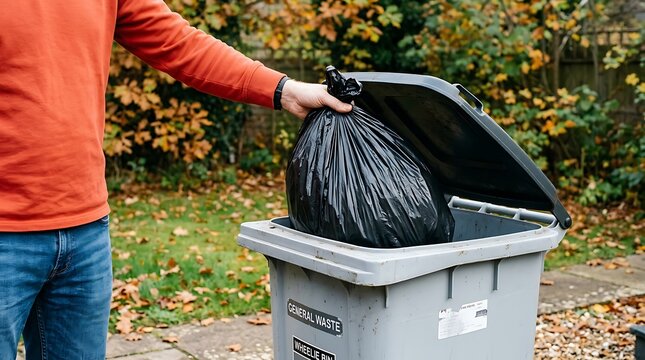 Mans hand placing a black garbage bag into a grey outdoor wheelie bin for general waste disposal