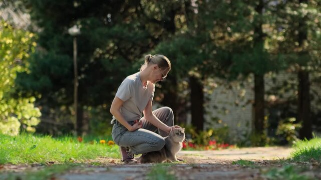 Woman walks cat along sunny park path. Cat strolls calmly beside her. Trees and flowers frame peaceful scene. Sunlight glows through green leaves. Relaxed mood.