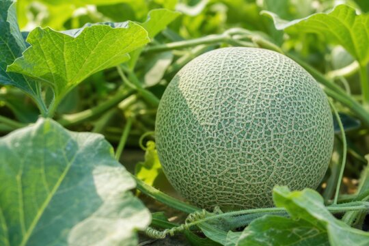 Cantaloupe melon growing on vine in sunny agricultural field, fresh organic muskmelon with textured skin surrounded by green leaves in farm garden, close-up view.