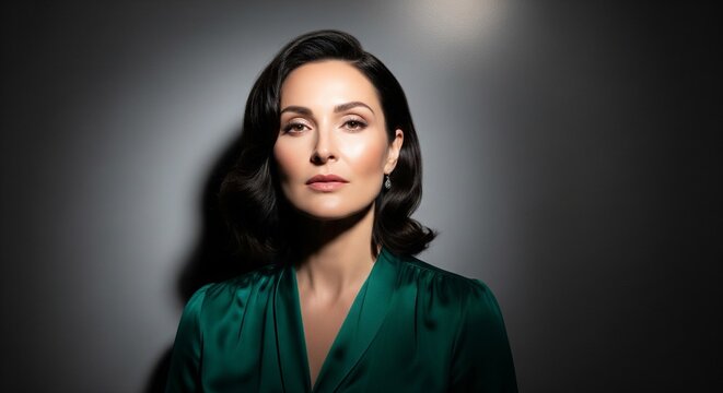 A stunning portrait of a dark-haired woman in a green silk top looking at the camera under a studio spotlight