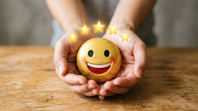 Hands holding a golden smiling emoji with five glowing stars, symbolizing excellent customer satisfaction and positive feedback