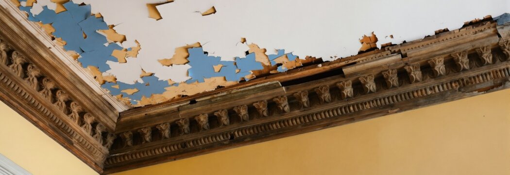 Water damage causes paint to peel from ceiling and ornate crown molding. Old interior shows decay, need for repair and renovation. Broken plaster reveals blue paint layer.