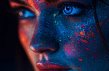 Naklejka premium a woman with blue white-colored powder on her face,
