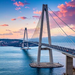 Obraz premium A large suspension bridge spans across a body of water at sunset