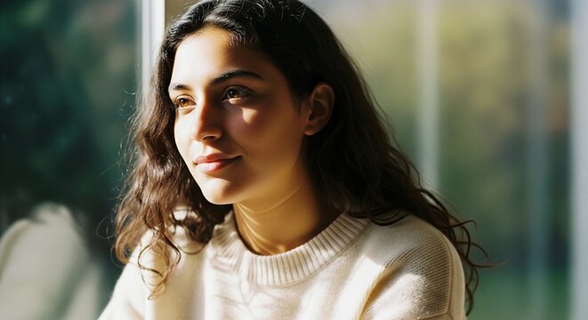 A beautiful young woman with long, dark wavy hair sitting by a window, bathed in warm, soft sunlight