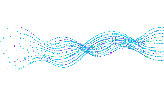 Abstract digital wave pattern of blue purple and green dots and squares on a white background