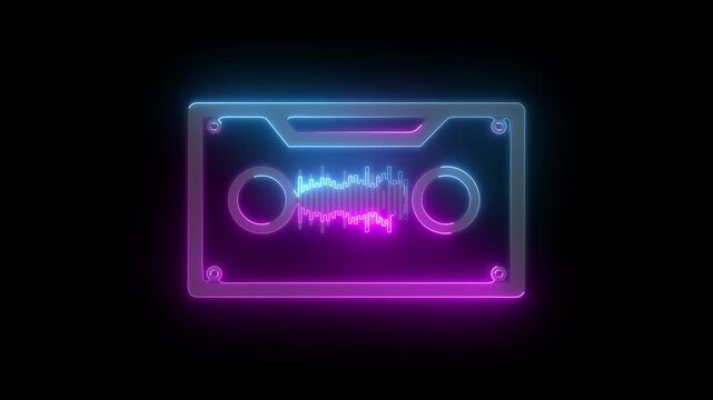 Glowing neon audio cassette icon animation on black background. Cassette Stereo Recorder icon. Retro Neon Music Cassette. Cassette tape recorder with spinning from For music,