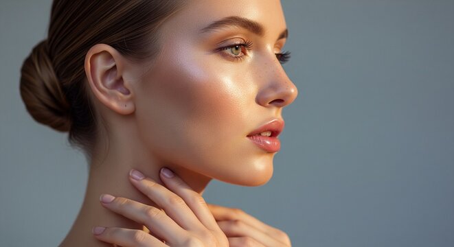 Side profile portrait of a woman with her hair in a bun, touching her neck with smooth, glowing skin against a neutral grey background