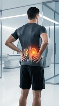Internal organ affliction: kidney malady, disease manifestation, renal pain, back ache, human body, medical diagnosis, health concern, anatomy display, discomfort sensation, urology focus.