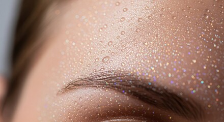 Fototapeta premium Close up of wet skin on female forehead with glittering water droplets