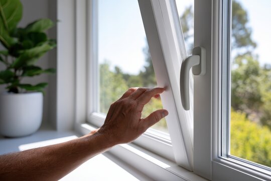 White window frame detail. Person hand opens the metal door closeup. New plastic PVC window installed at modern house, green trees view. Typical installation of insulated glazing uPVC windows frames.