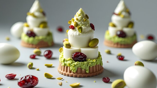 a cottage cheese Easter dessert in the shape of a truncated cone with pistachio paste, white chocolate and dried cranberries.