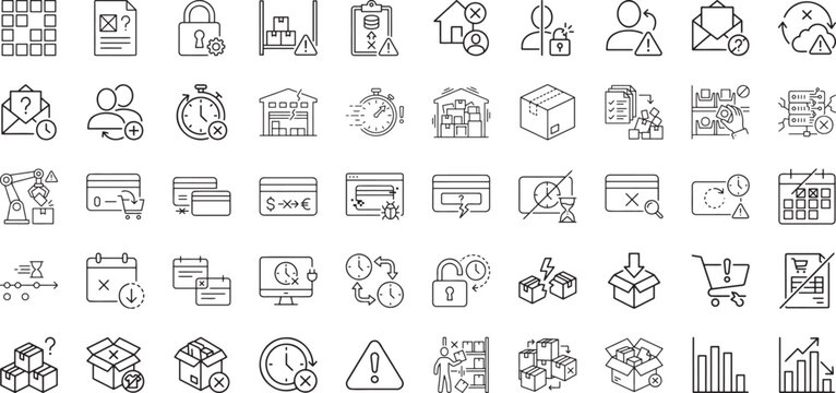 Web application bugs and calendar delay outline icons compilation