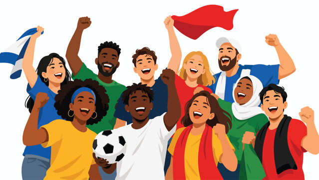 Diverse group of soccer fans cheering with flags and ball in fan culture