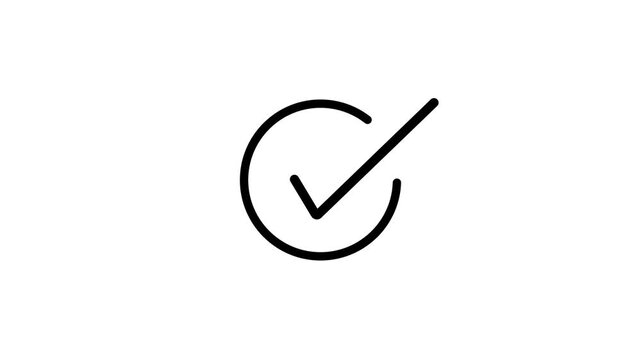 Animated black circle check mark symbol on white background for user interface approval and successfully completed action