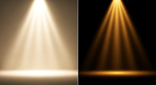 Bright Spotlight Beam Shining Down on a Stage Floor with Warm Light and Golden Glow Effects