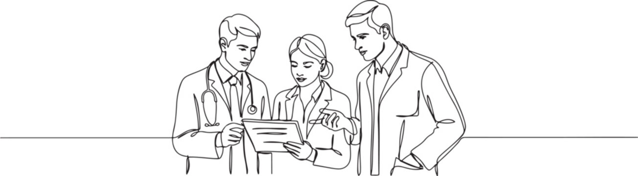 One continuous single line drawing group of young male and female doctors pose standing together while holding medical report.one line vector illustration with white background