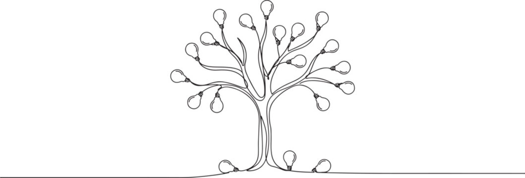 Single continuous line drawing a tree with many branches and fruit that is lightbulbs.one line vector illustration with white background