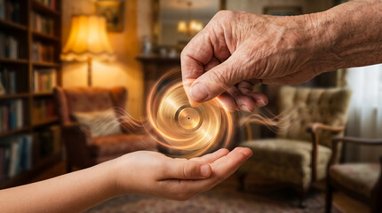 Fototapeta premium golden vinyl record aged hand music memory legacy nostalgia sound emotional legacy concept about wrinkled hand dropping a glowing vinyl record as music nostalgia and personal stories are shared onward