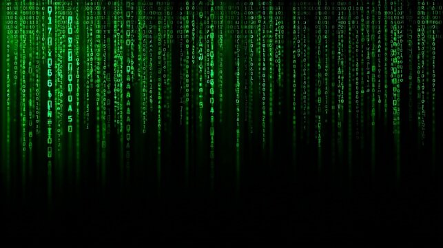 Green binary code streaming down a dark background in a digital rain effect