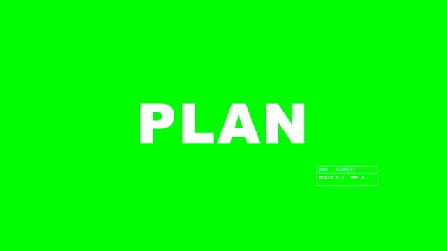 4K green screen PLAN animated title - blueprint construction lines, kinetic typography motion graphics intro overlay, chroma key