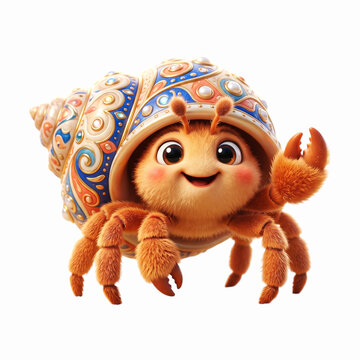Cute little hermit crab walking around cautiously carrying its protective shell on sandy beach