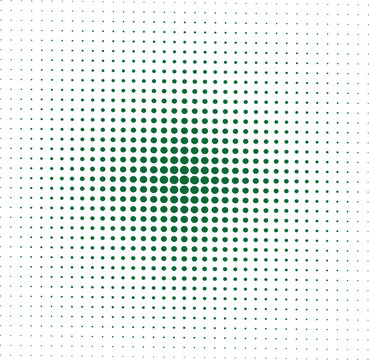 Green halftone dots pattern, abstract radial gradient circle background, minimalist emerald polka dot texture vector for modern graphic design