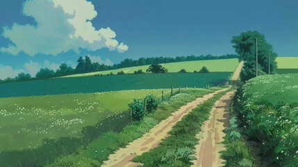 Fototapeta premium Country dirt road through green meadows under blue sky with white clouds on summer day background in anime style
