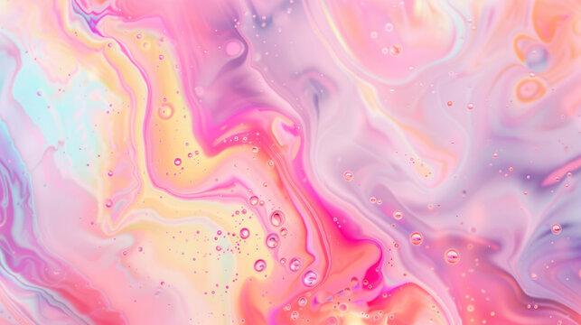 Holographic fluid marble texture with rainbow gradient colors and bubbles on iridescent background