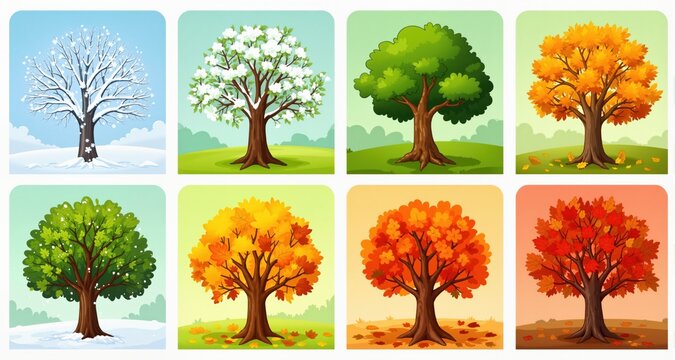 Cartoon tree collection. Set of different season tree. Winter, spring, summer, fall tree collection
