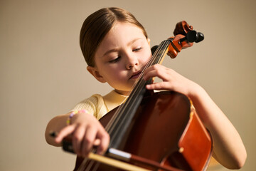 Close up of Caucasian girl playing cello and practicing music lesson, showing concentration, creativity, and child education concept. Ideal for music school promotion or learning campaigns © DragonImages